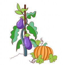 绿色蔬菜紫色的茄子手绘插画