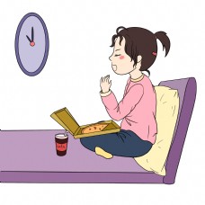 冬季宅在家的小女孩在吃零食手绘插画
