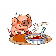 香猪传统节日小猪闻香味腊八粥手绘插画