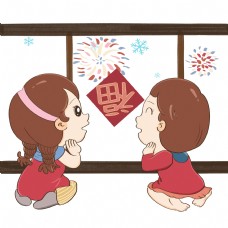 新年爬在窗户上一起看烟花