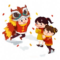 中国新年2019年手绘中国风小朋友舞狮子过新年