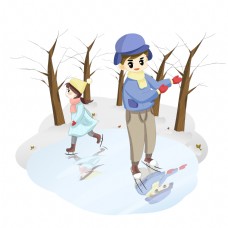 冬季滑冰手绘卡通人物PNG素材