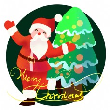 圣诞节圣诞老人和圣诞树手绘插画