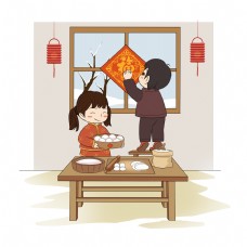 新年装饰房子包饺子卡通手绘