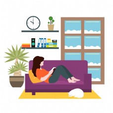 卡通插画风靠在沙发上看书的女人