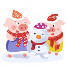 猪宝宝堆雪人手绘卡通人物PNG素材