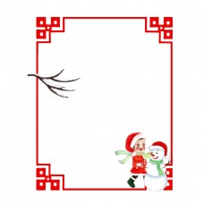 圣诞女孩卡通手绘方形圣诞边框小女孩和雪人