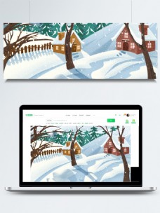 卡通树木房屋雪地冬季雪景背景素材