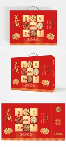 手提袋包装大红色坚果新年礼包主题包装设计
