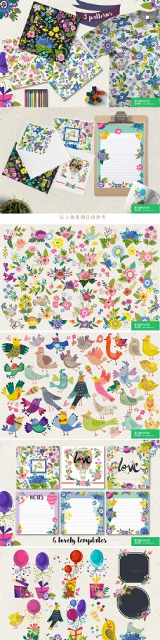 鲜花装饰手绘鲜花小鸟装饰设计素材
