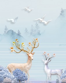 客厅无框画北欧小清新森林麋鹿动物装饰画